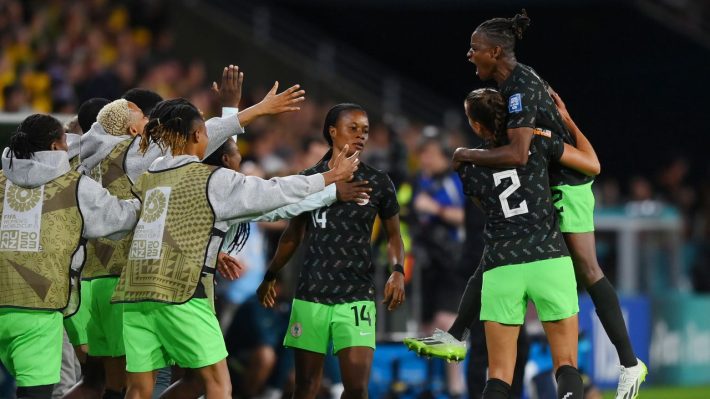 Des joueuses du Nigeria célébrant leur victoire à la Coupe du monde 2023